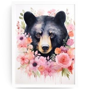 Watercolor Floral Black Bear Portrait Wall Art Illustration Print Unframed